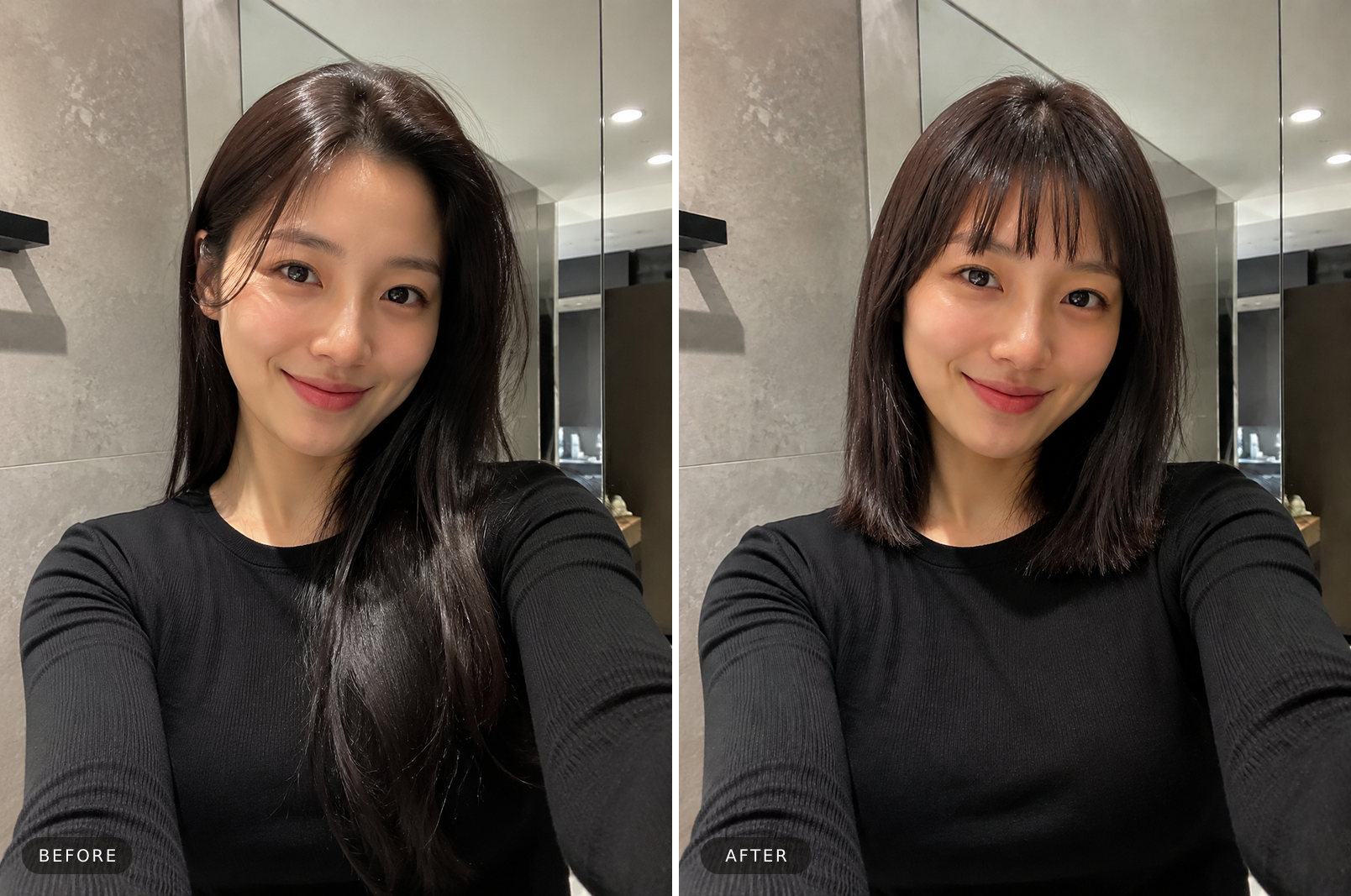 Diamond face haircut before and after — a blunt bob with bangs