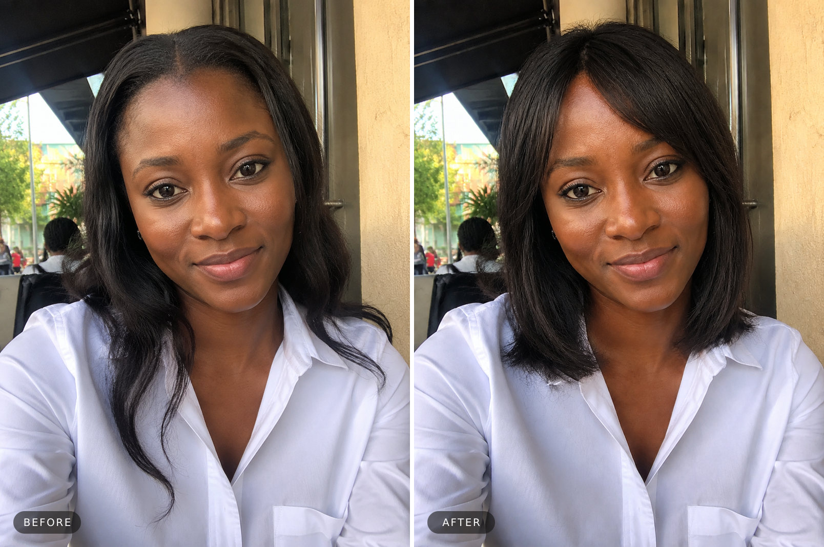 Heart face haircut before and after — a chin-length face-framing bob