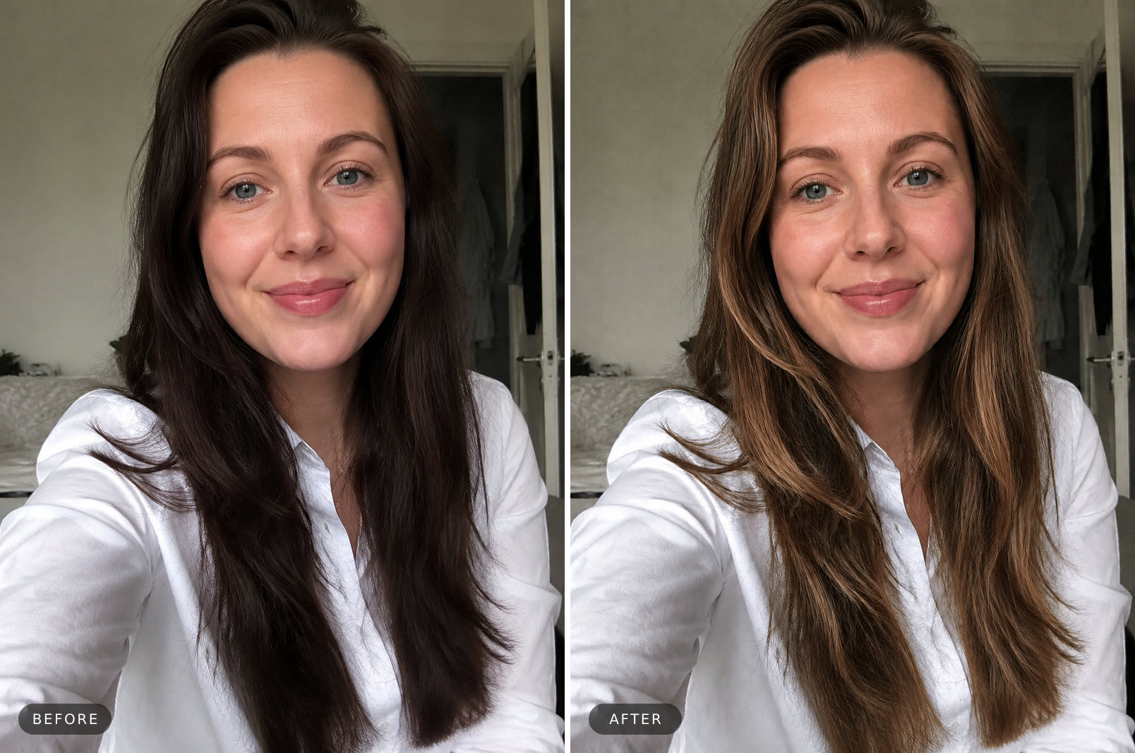 A woman's hair transformed from dark brown to a warm honey balayage on the same selfie
