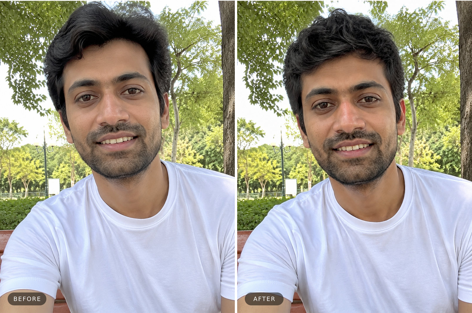 Long oblong face haircut before and after — a soft fringe adds width
