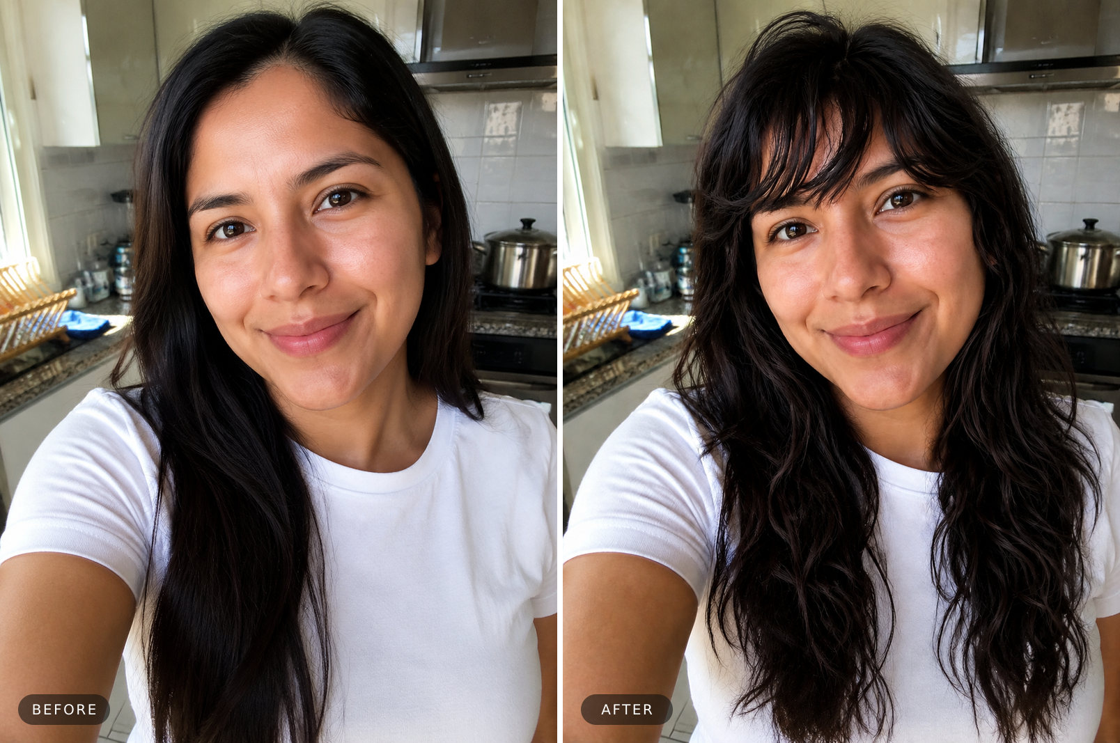 Oval face haircut before and after — curtain bangs and a soft shag
