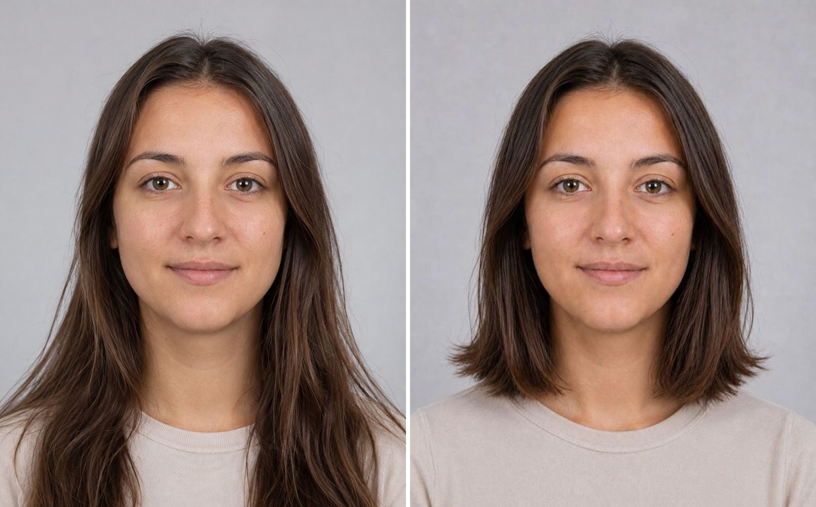 Before and after preview of a collarbone lob — the ends fall below the chin and lengthen the face