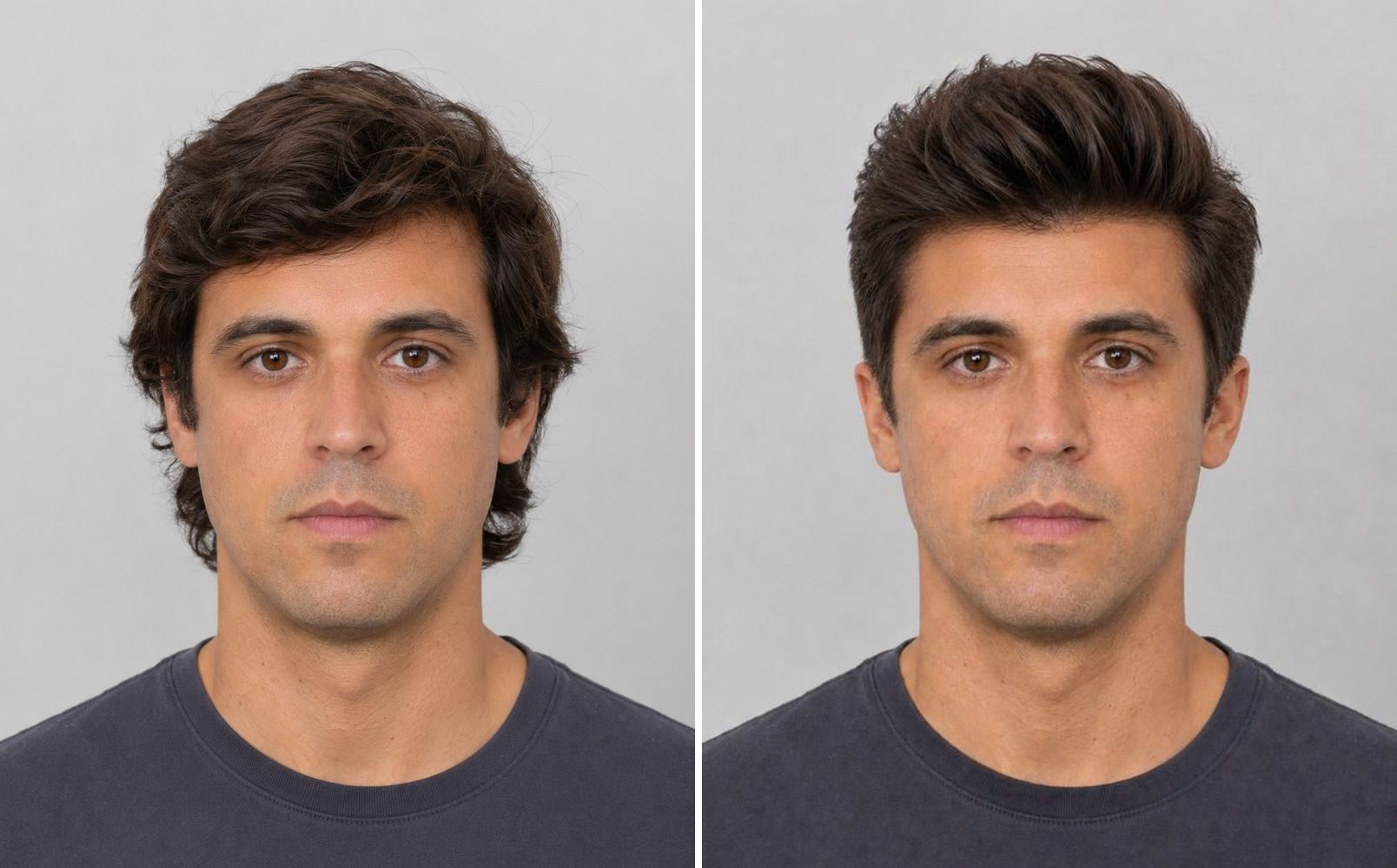 Before and after preview of a quiff — volume swept up and back adds vertical height above the forehead