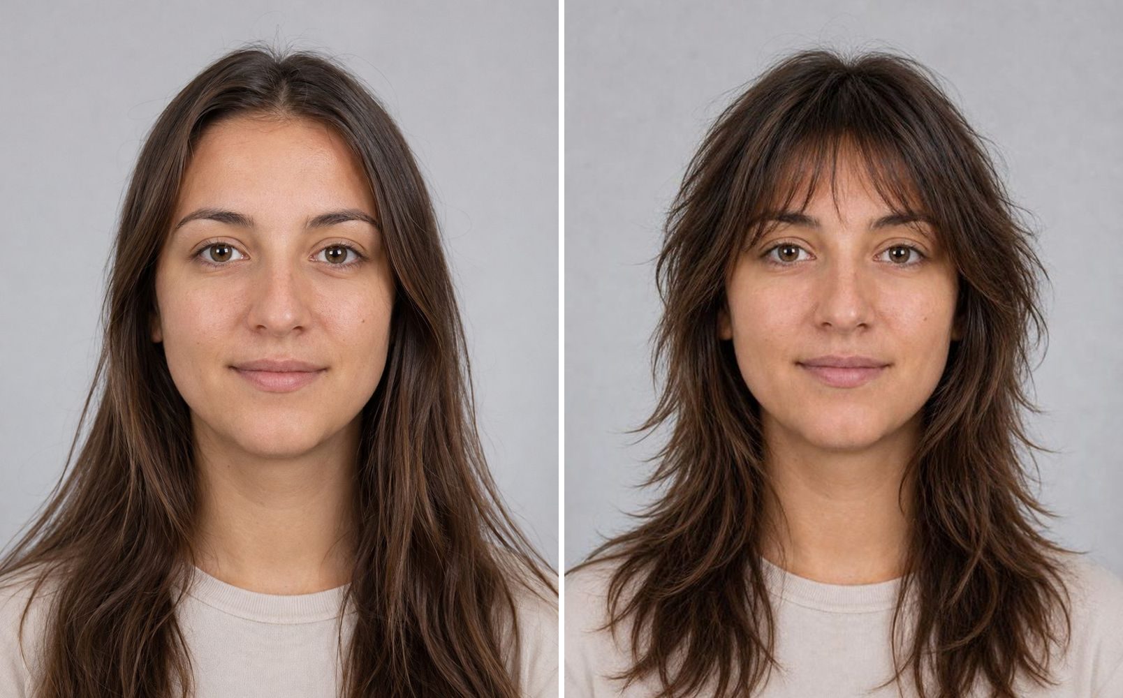 Before and after preview of a shag haircut — choppy layers and a wispy curtain fringe add height and diagonal lines