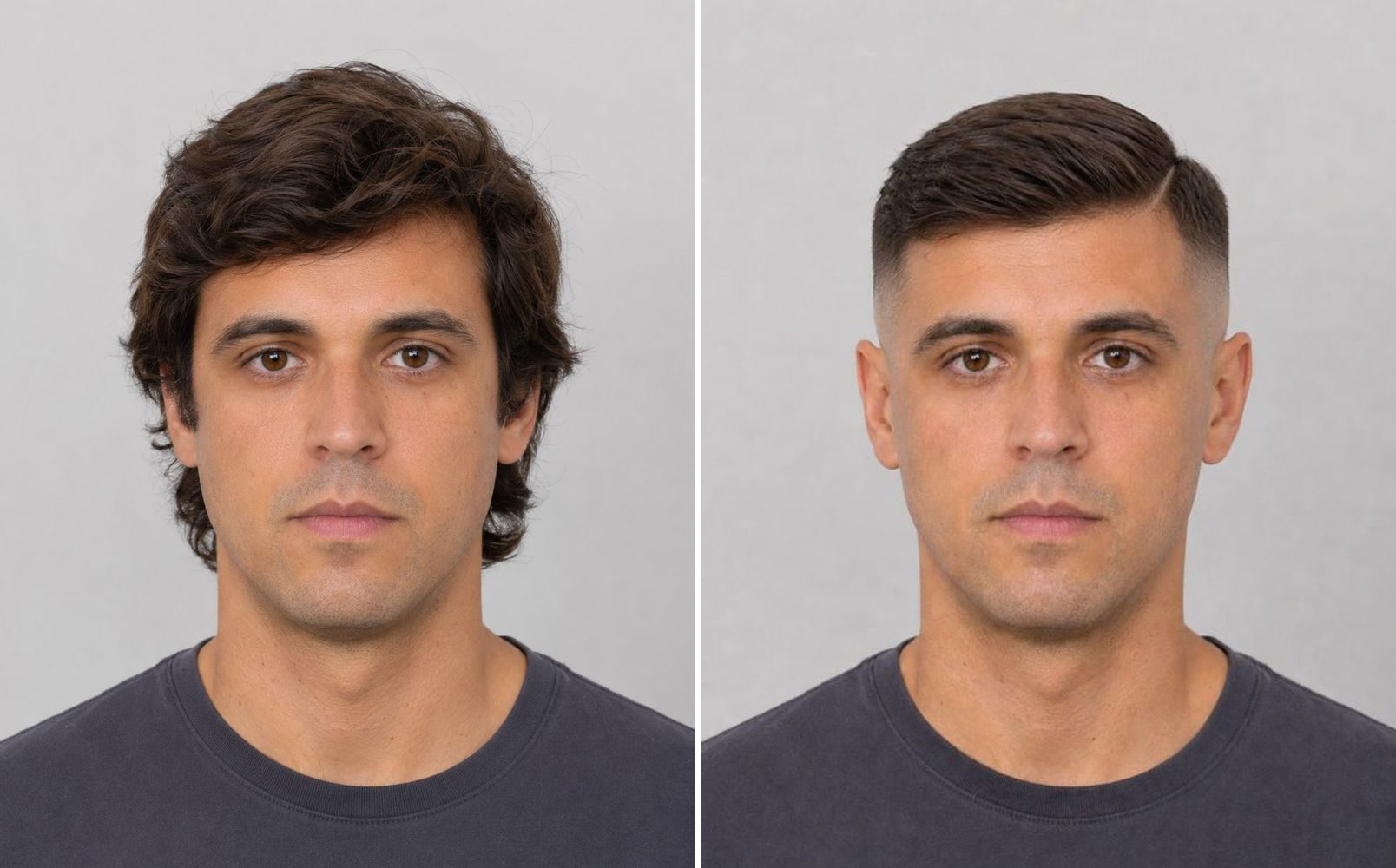 Before and after preview of a side part with faded sides — a clean diagonal line and tight sides narrow the silhouette