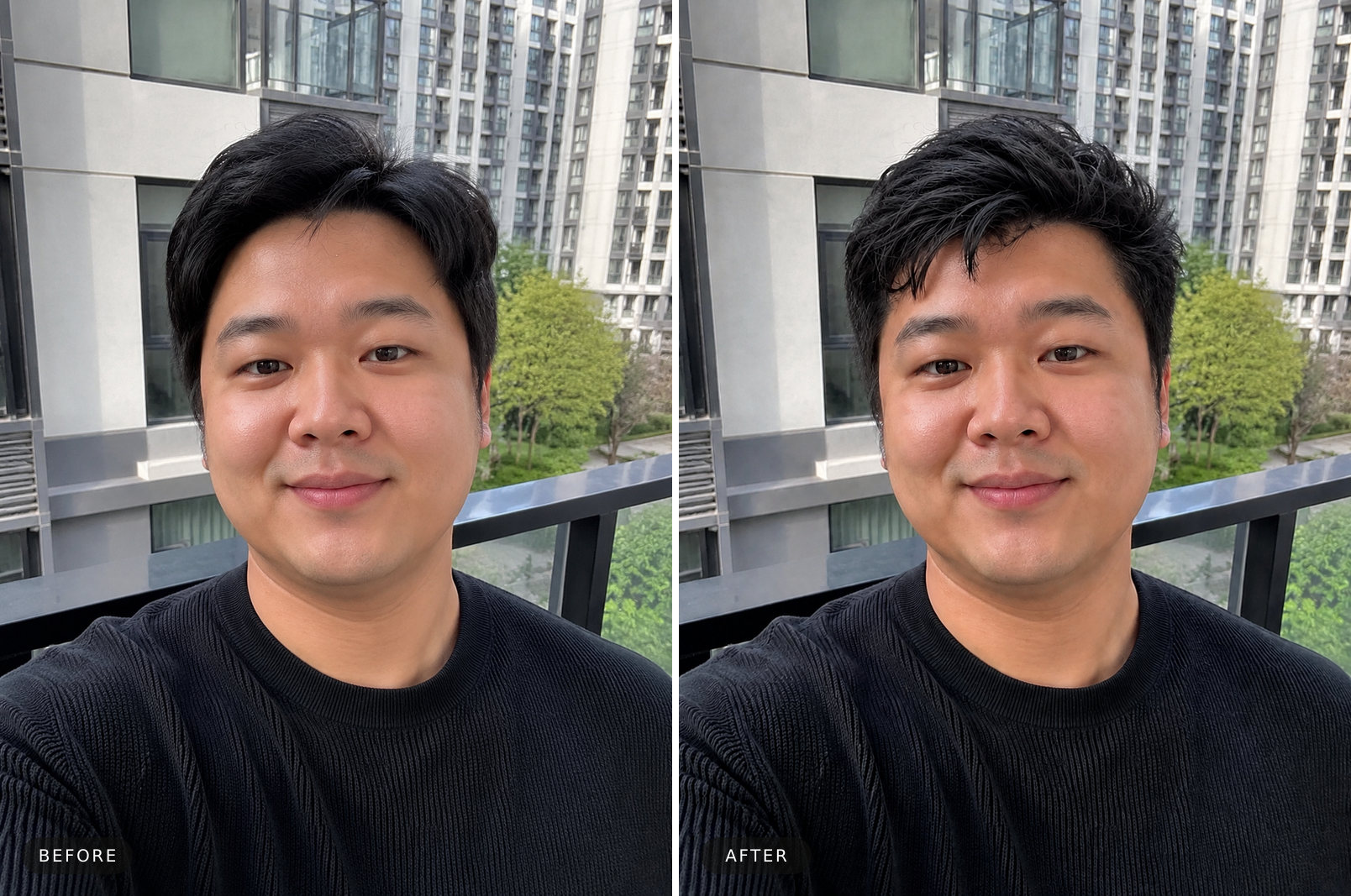 Round face haircut before and after — a textured quiff adds height on a man with a round face