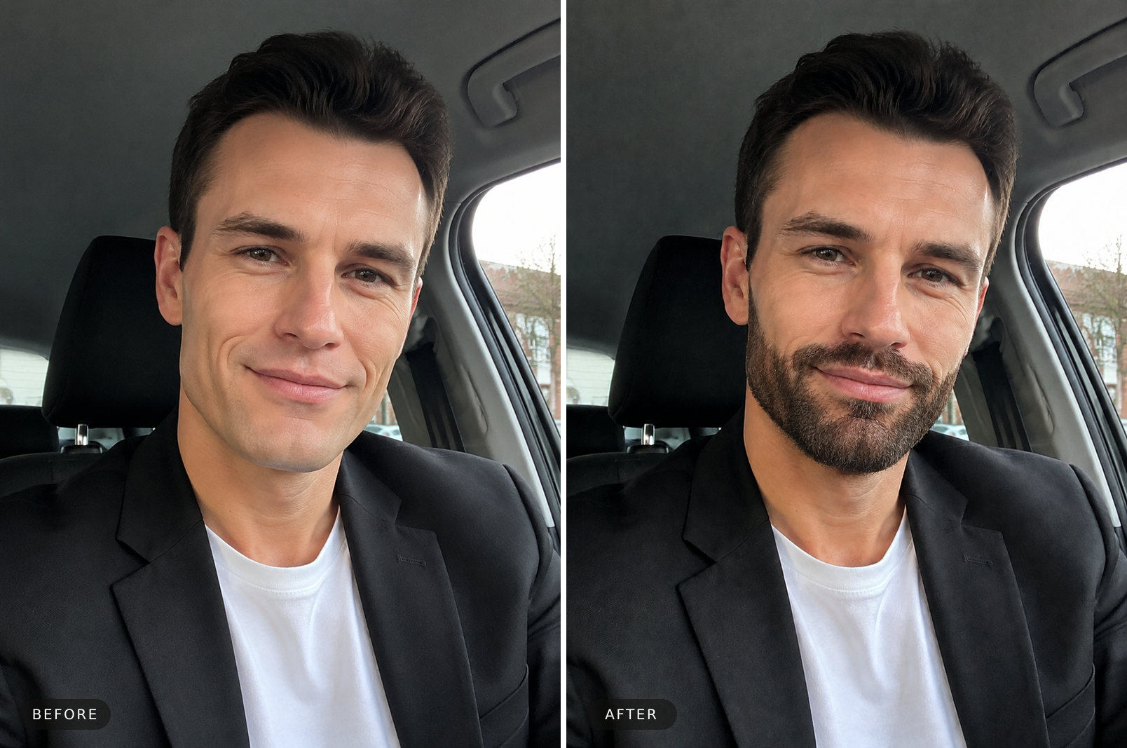 Square face before and after — a short boxed beard balances a strong jaw